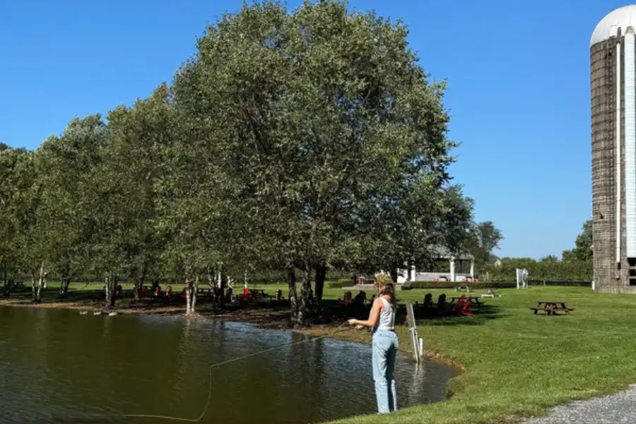 ladyfish woman fishing by pond